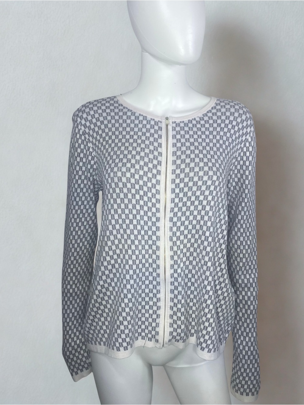 Ann Taylor Factory Gray and White Check Knit Zip up Cardigan Sweater